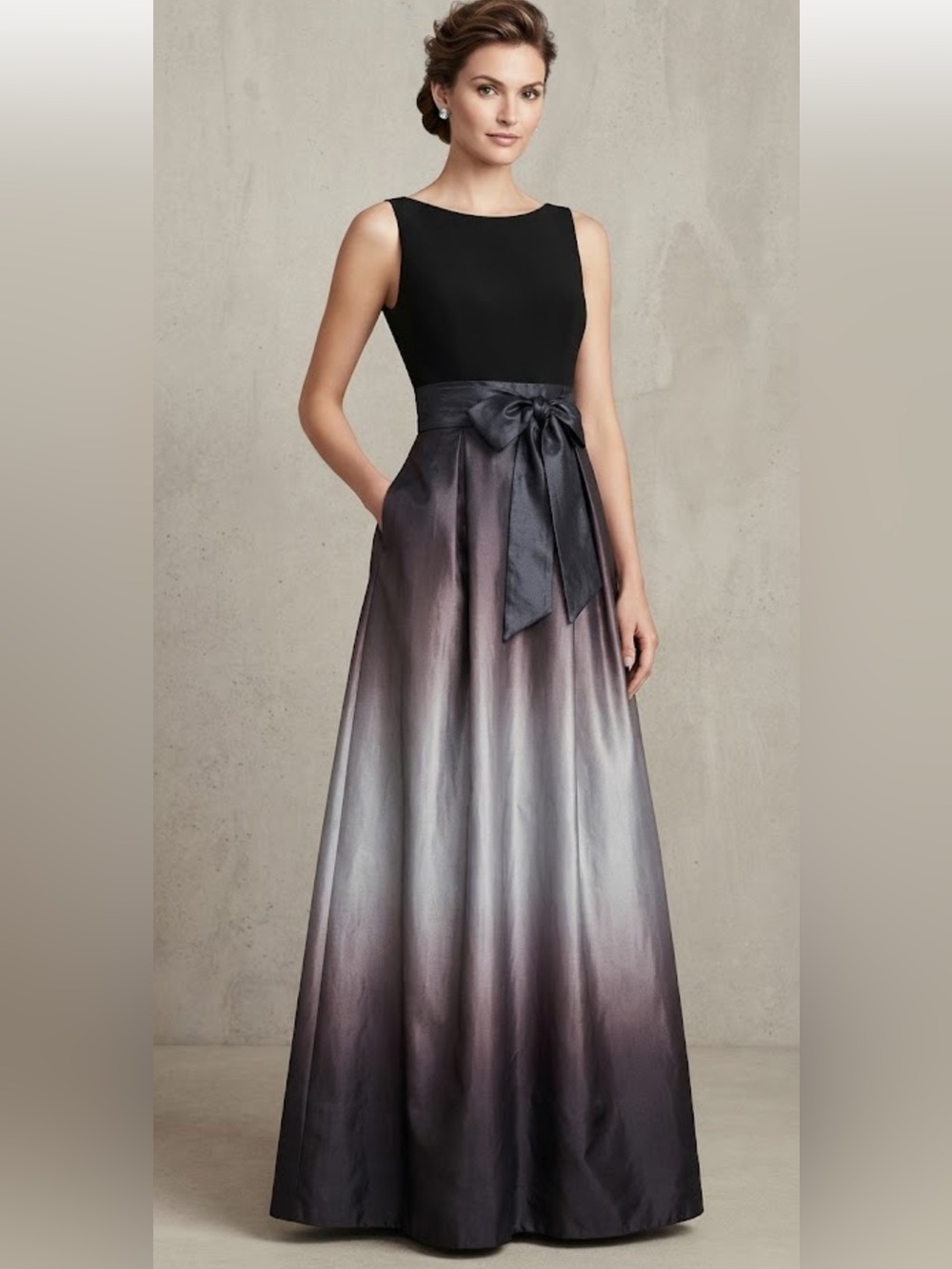 SLNY Black Silver Ombre Sleeveless Satin Gown Sash Dress Size 12P Petite